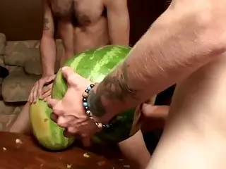 Straight studs make holes in watermelons before fucking them together