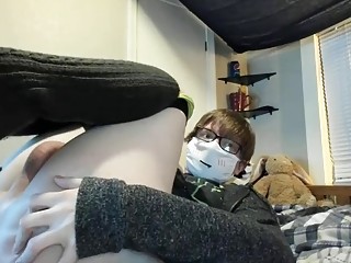 Shy femboy wears a mask during his webcam show