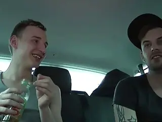 Adorable twink threesome banged in van