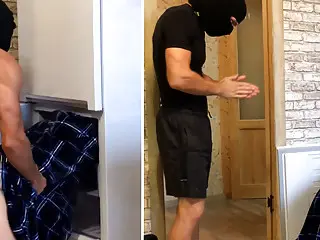 burglar helps a stuck guy to cum. Homemade