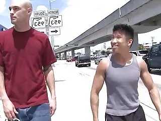 Short Asian dude fucks a tall bald whitey out in public